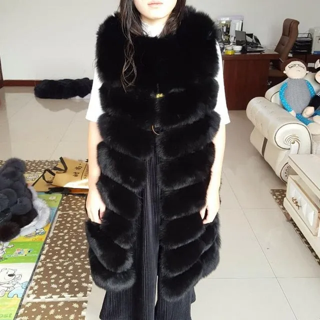 2018 real fox fur vest  outerwear fur overcoat long design o-neck sweater vest waistcoat women's