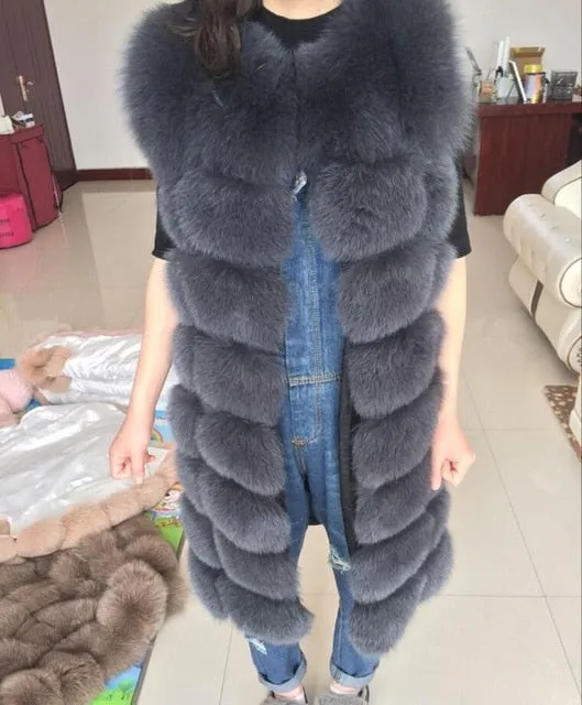 2018 real fox fur vest  outerwear fur overcoat long design o-neck sweater vest waistcoat women's