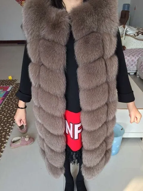 2018 real fox fur vest  outerwear fur overcoat long design o-neck sweater vest waistcoat women's