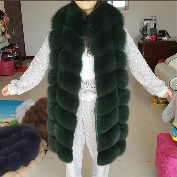 2018 real fox fur vest  outerwear fur overcoat long design o-neck sweater vest waistcoat women's