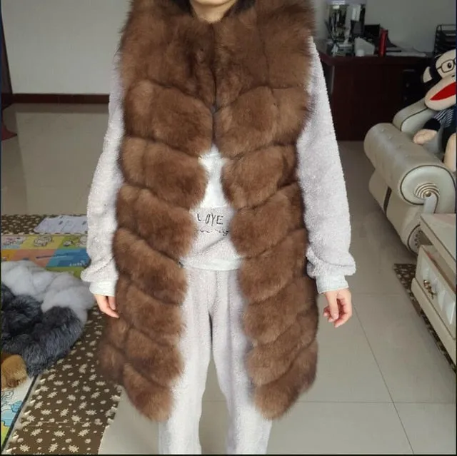 2018 real fox fur vest  outerwear fur overcoat long design o-neck sweater vest waistcoat women's