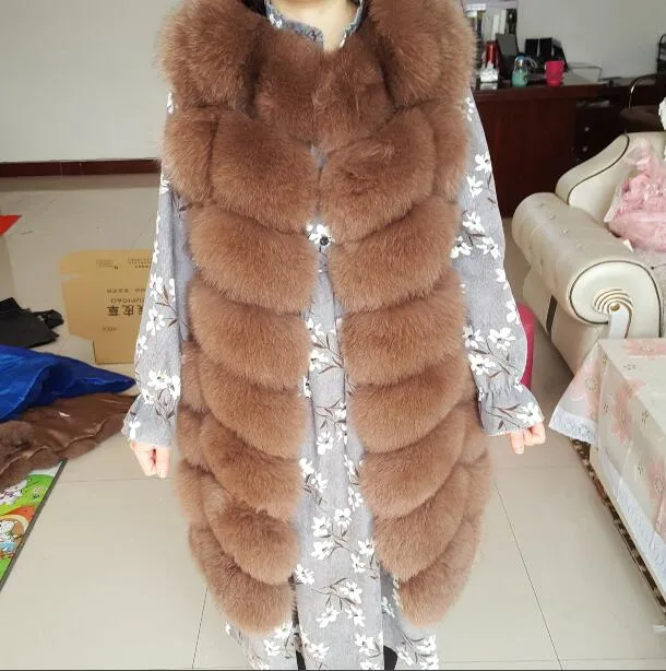 2018 real fox fur vest  outerwear fur overcoat long design o-neck sweater vest waistcoat women's