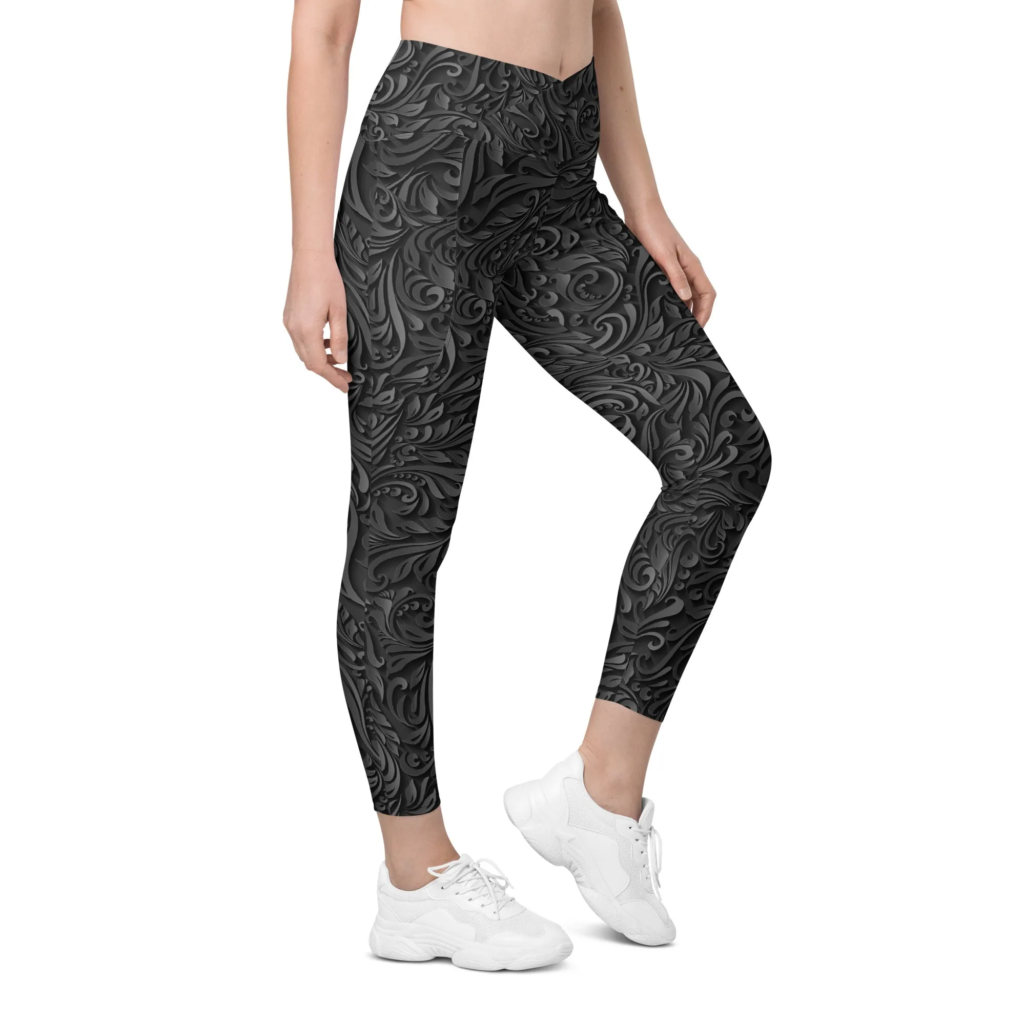 3D Art Deco Crossover Leggings With Pockets