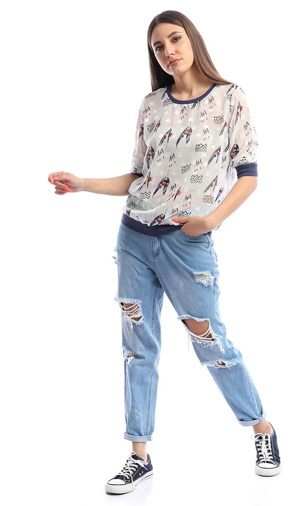 53574 Sage Floral Blue Print Long Sleeve Top