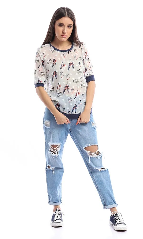 53574 Sage Floral Blue Print Long Sleeve Top