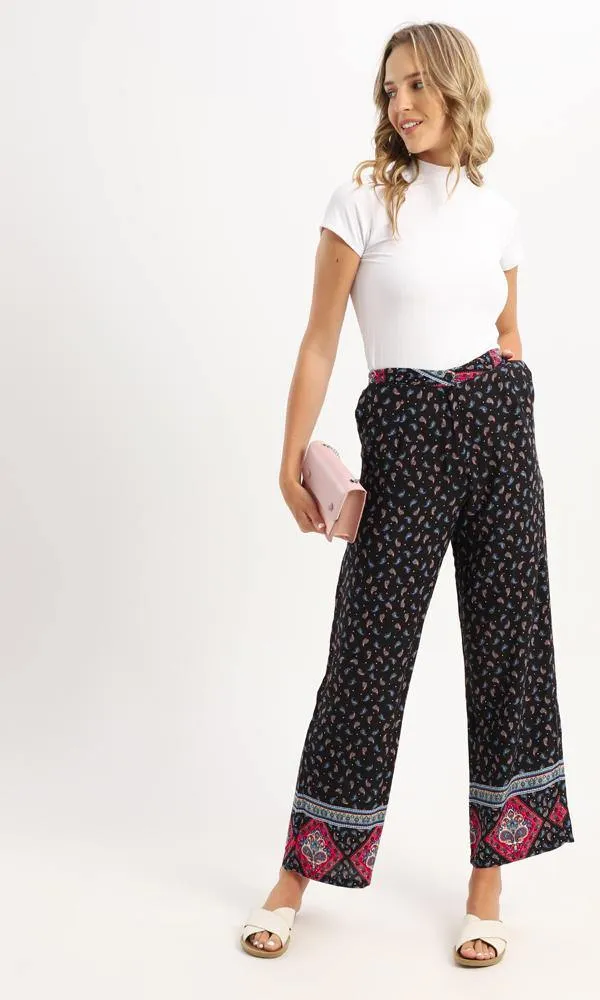 56985 Side Pockets Paisley Wide Leg Black Pants