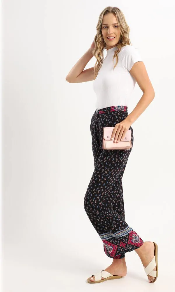 56985 Side Pockets Paisley Wide Leg Black Pants