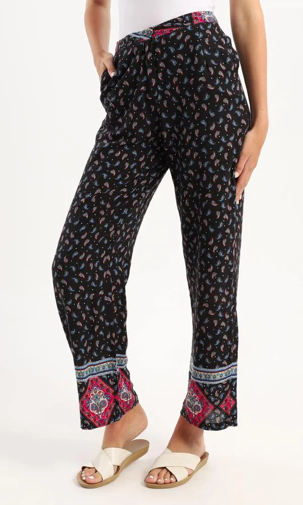 56985 Side Pockets Paisley Wide Leg Black Pants