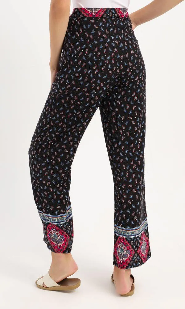 56985 Side Pockets Paisley Wide Leg Black Pants