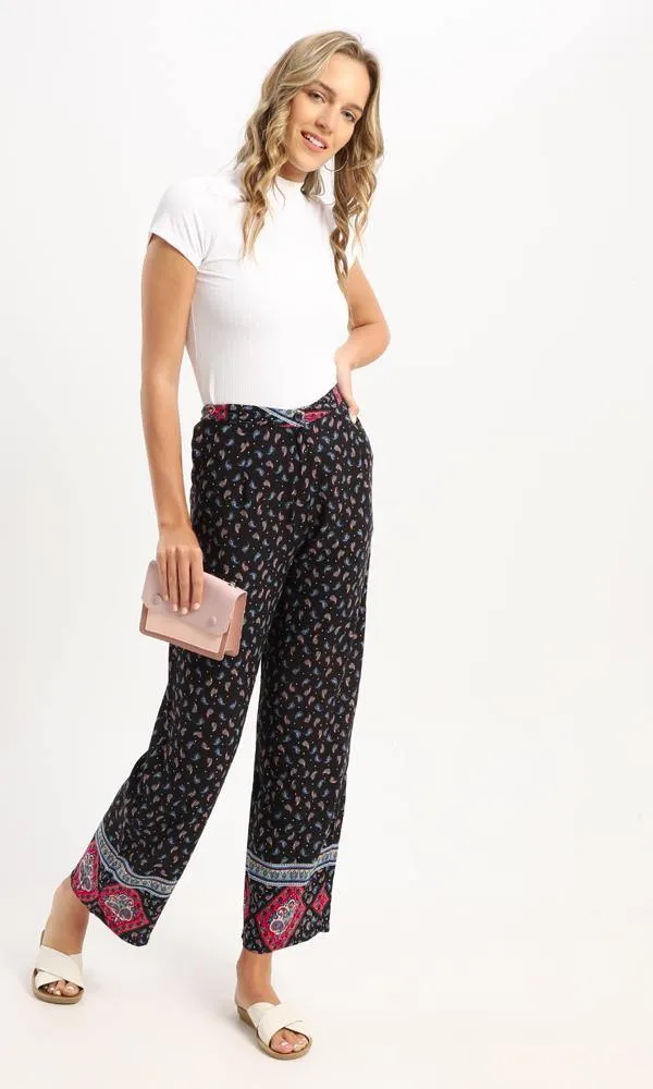 56985 Side Pockets Paisley Wide Leg Black Pants