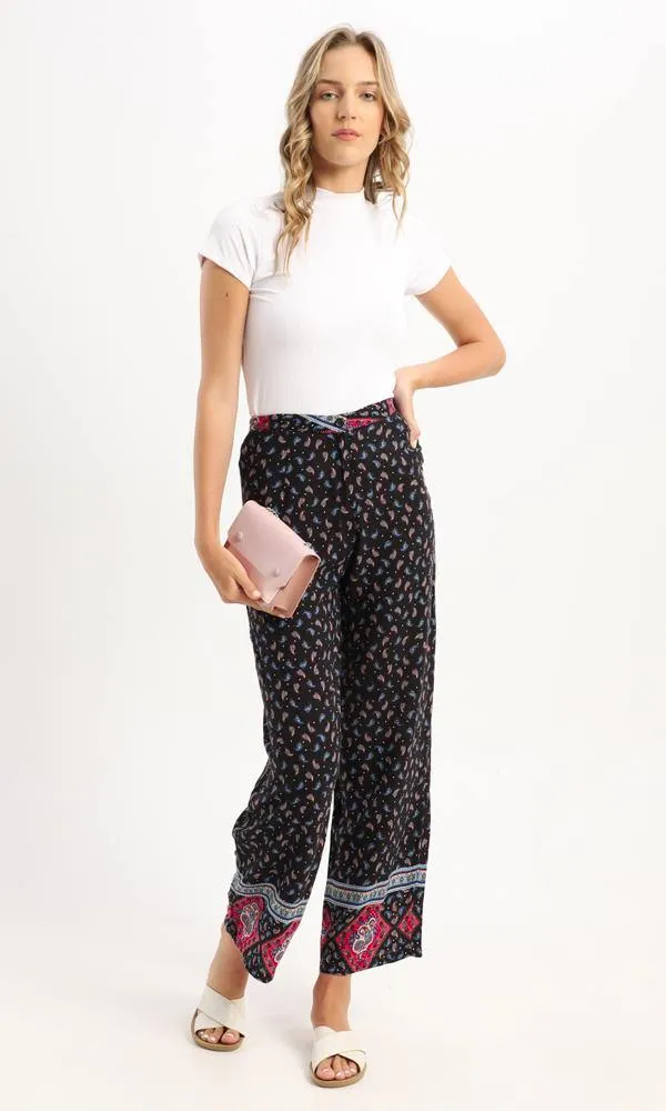 56985 Side Pockets Paisley Wide Leg Black Pants