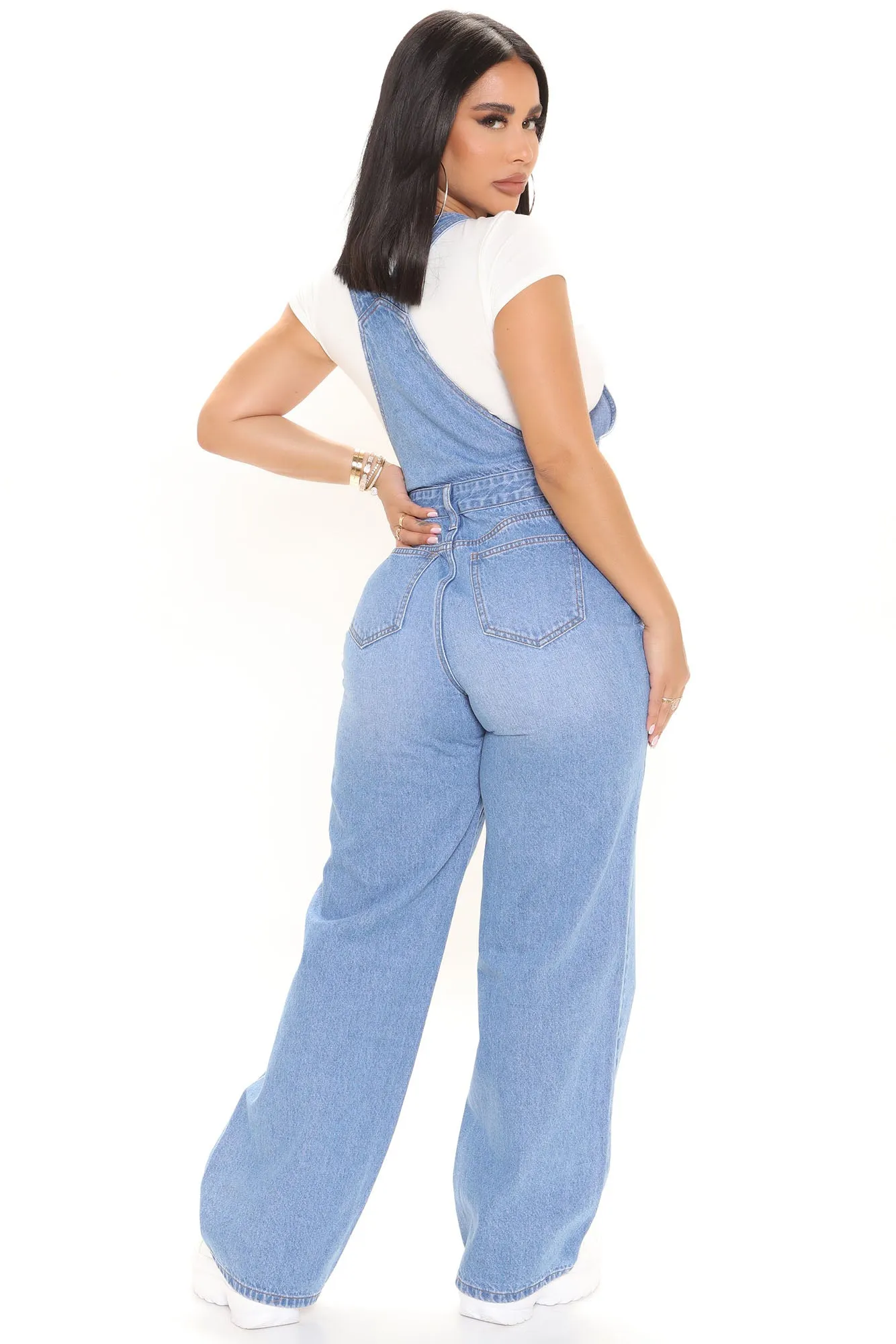 90s Loose Fit Ripped Denim Overalls - Medium Blue Wash