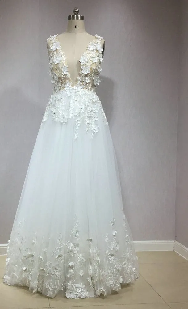 A Line 3D Flowers Deep V Neck Ivory Wedding Dresses Simple Boho Bridal Gowns