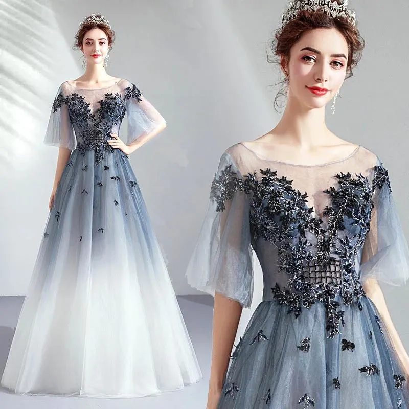 A Line Half Sleeves Tulle Long Ombre Prom Dress with Appliques Blue Evening Dresses SJS15001