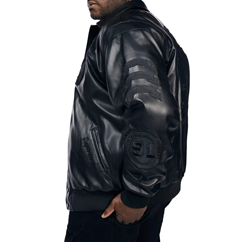 Big And Tall Vegan Leather  Varsity Jacket - Black