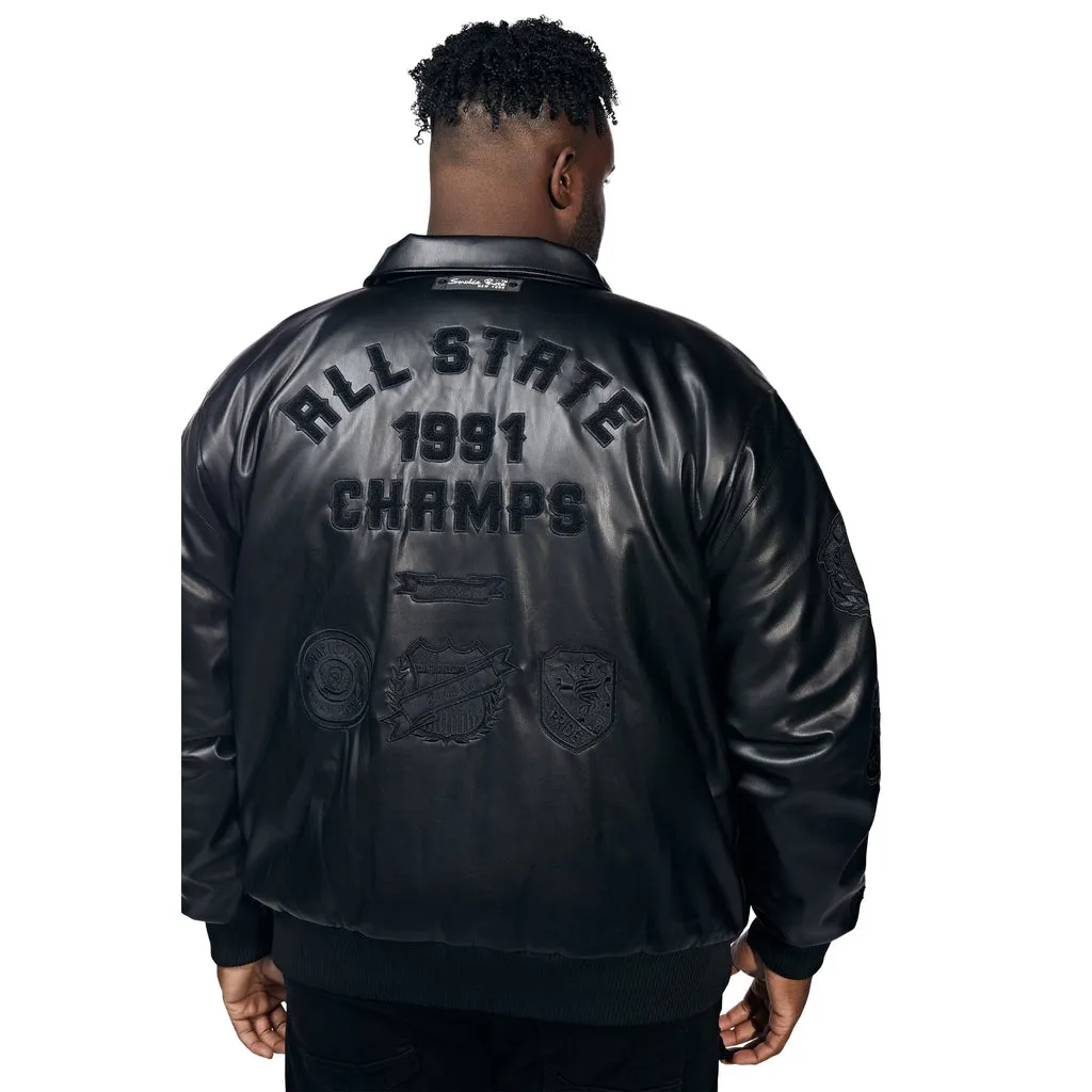 Big And Tall Vegan Leather  Varsity Jacket - Black