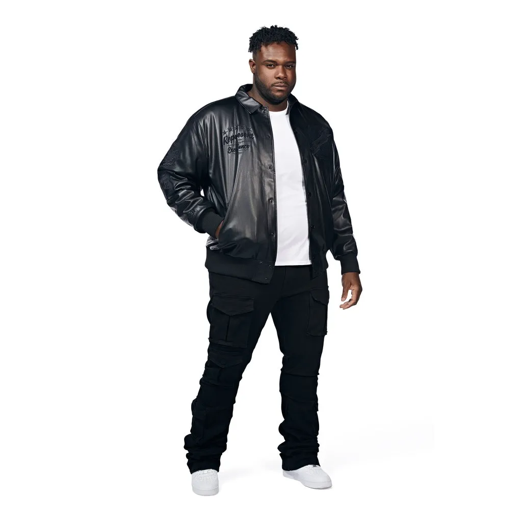 Big And Tall Vegan Leather  Varsity Jacket - Black