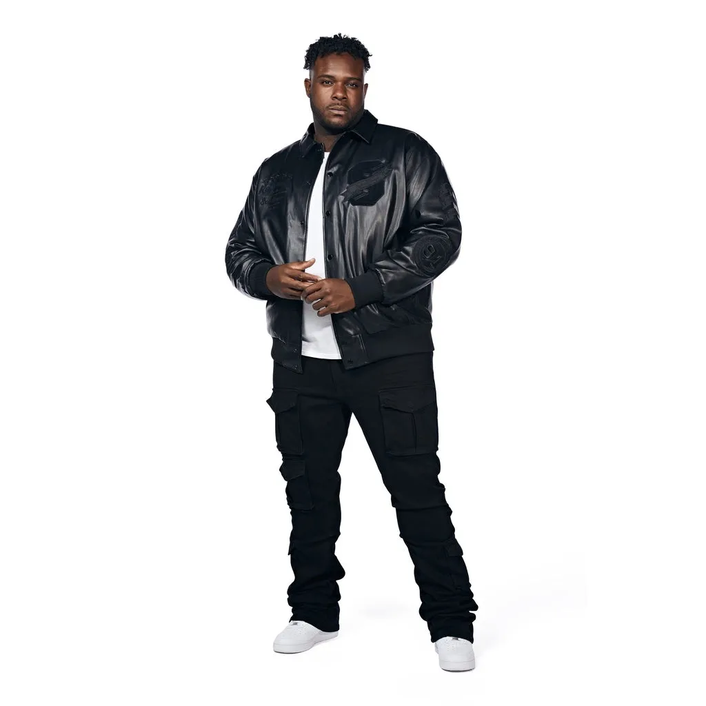 Big And Tall Vegan Leather  Varsity Jacket - Black