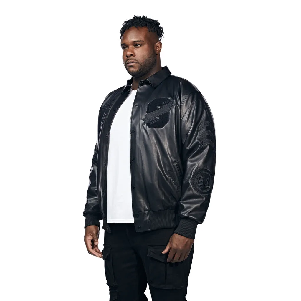 Big And Tall Vegan Leather  Varsity Jacket - Black