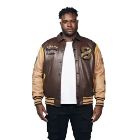 Big And Tall Vegan Leather  Varsity Jacket - Brown