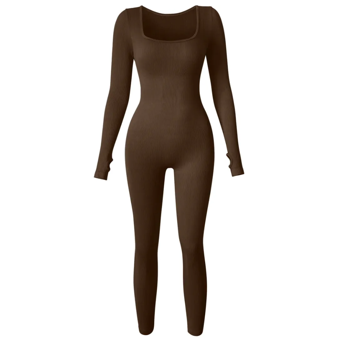 Brown Long Sleeve Ribbed Sculpting Jumpsuit