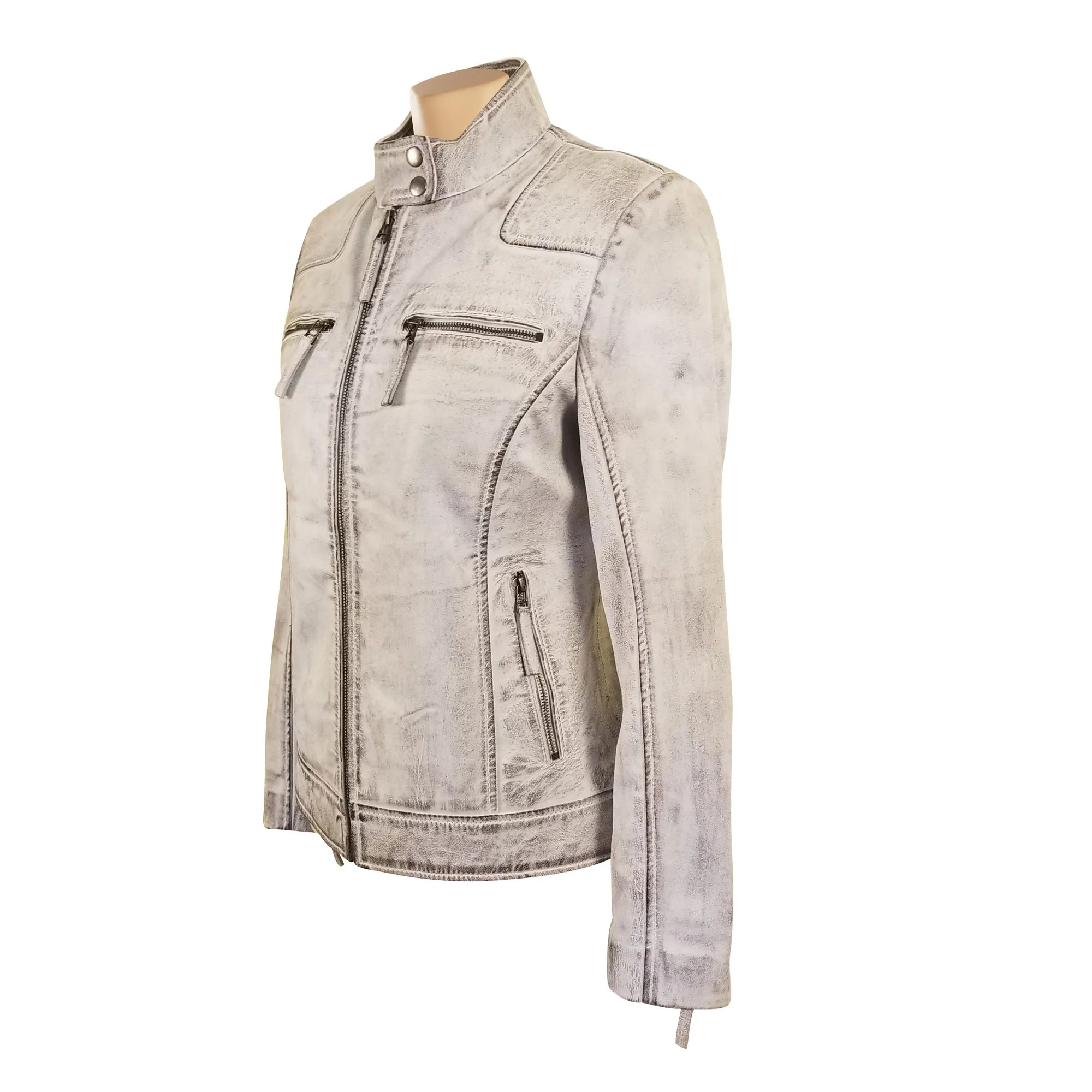 Burnished Ivory Leather Jacket With Band Collar