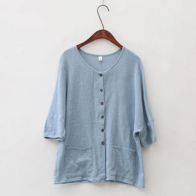 Button Pockets Loose Casual Blouses Vintage T-Shirts & Tops Women Johnature 4915058