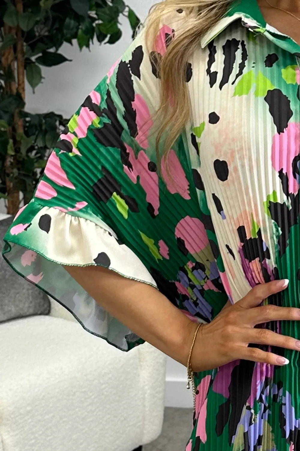 Camden Green Multi Leopard Print Plisse Pleated Frill Hem Shirt Dress
