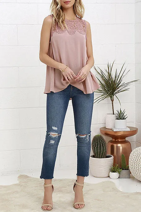 Casual Round Neck Lace Tank Top Tee Shirts Sleeveless