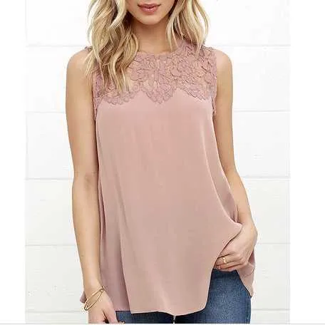 Casual Round Neck Lace Tank Top Tee Shirts Sleeveless