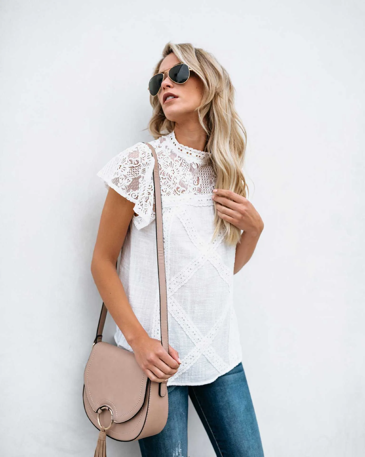 Cute Boho Chic Short Sleeve Lace Shoulder Blouse Shirts