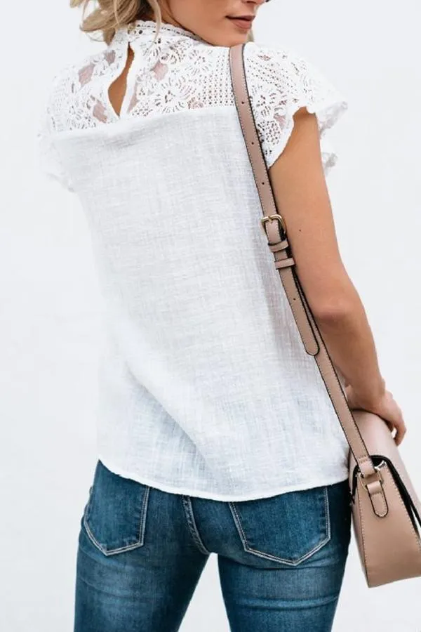 Cute Boho Chic Short Sleeve Lace Shoulder Blouse Shirts