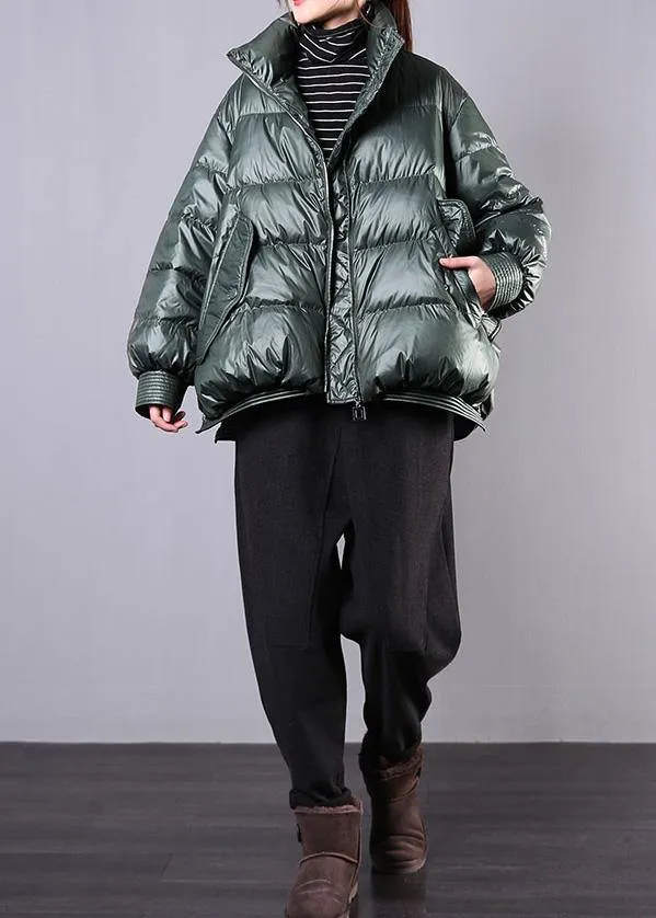 Elegant blackish green warm winter coat trendy plus size stand collar zippered Casual Jackets