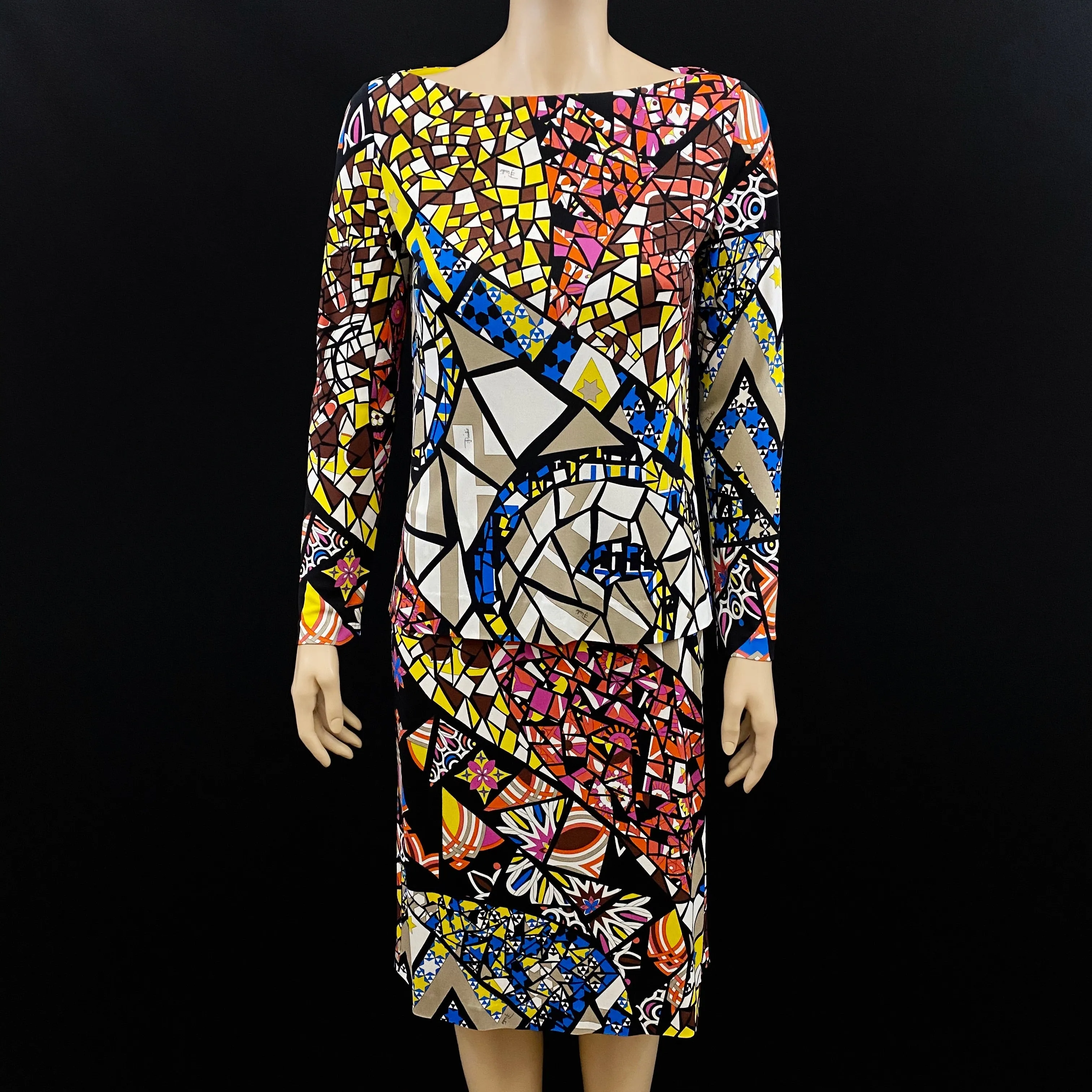 Emilio Pucci 2PC Star Print Silk Skirt 44|10 Long Sleeve Top 42|8