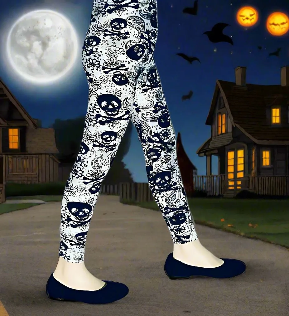 Girls Halloween Skull Leggings, Kids Yoga Pants, Sizes S/L, No-Roll Waist, White/Black