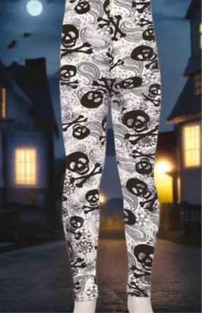 Girls Halloween Skull Leggings, Kids Yoga Pants, Sizes S/L, No-Roll Waist, White/Black