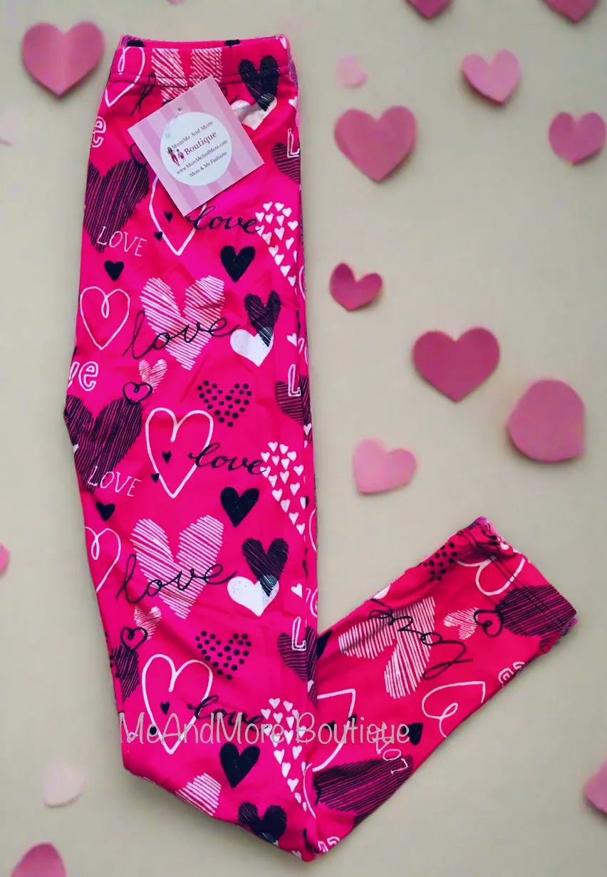 Girls Valentines Day Heart Leggings, Kids Yoga Pants, Sizes S/L, No-Roll Waist, Pink