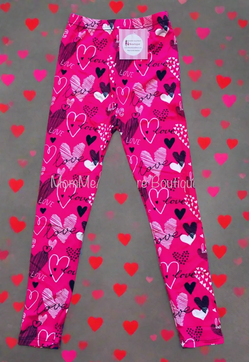 Girls Valentines Day Heart Leggings, Kids Yoga Pants, Sizes S/L, No-Roll Waist, Pink