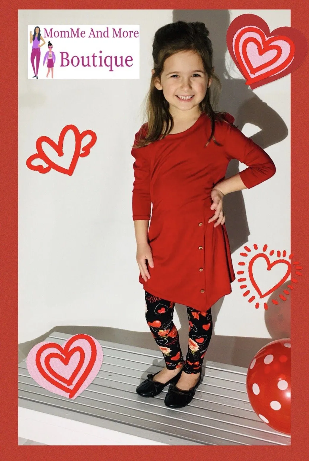 Girls Valentines Day Heart Leggings, Kids Yoga Pants, Sizes S/L, No-Roll Waist, Red