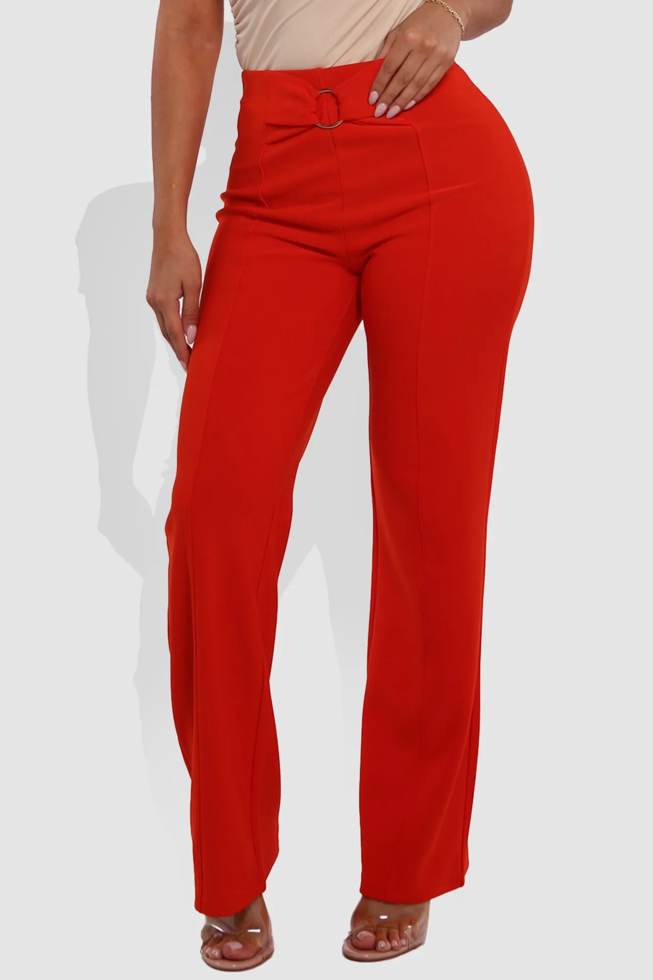 High Waist Straight Leg Pants With O-Ring Buckle Waist Detail - Vermilion