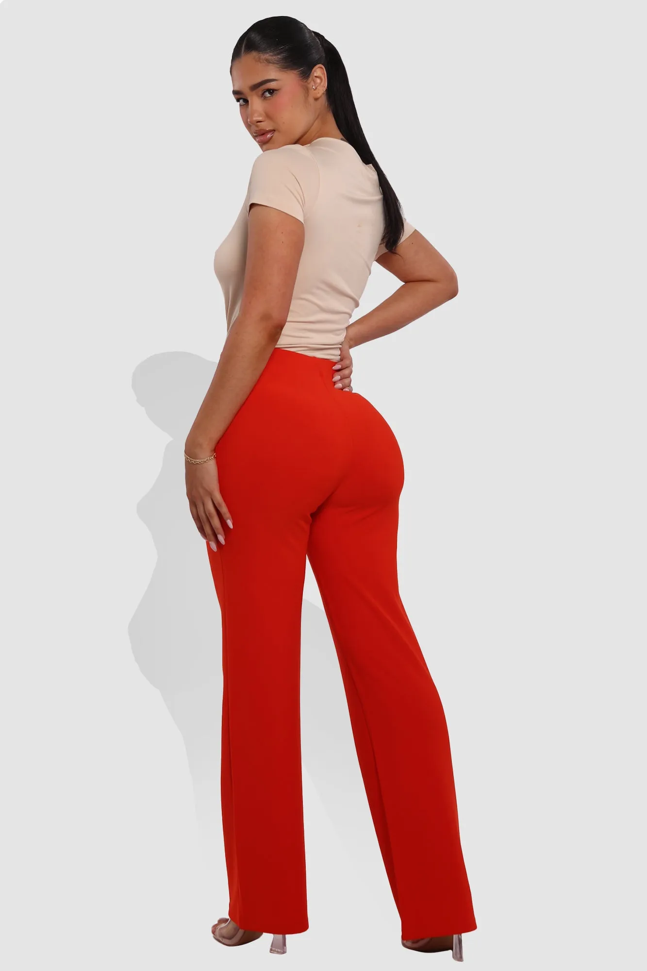 High Waist Straight Leg Pants With O-Ring Buckle Waist Detail - Vermilion