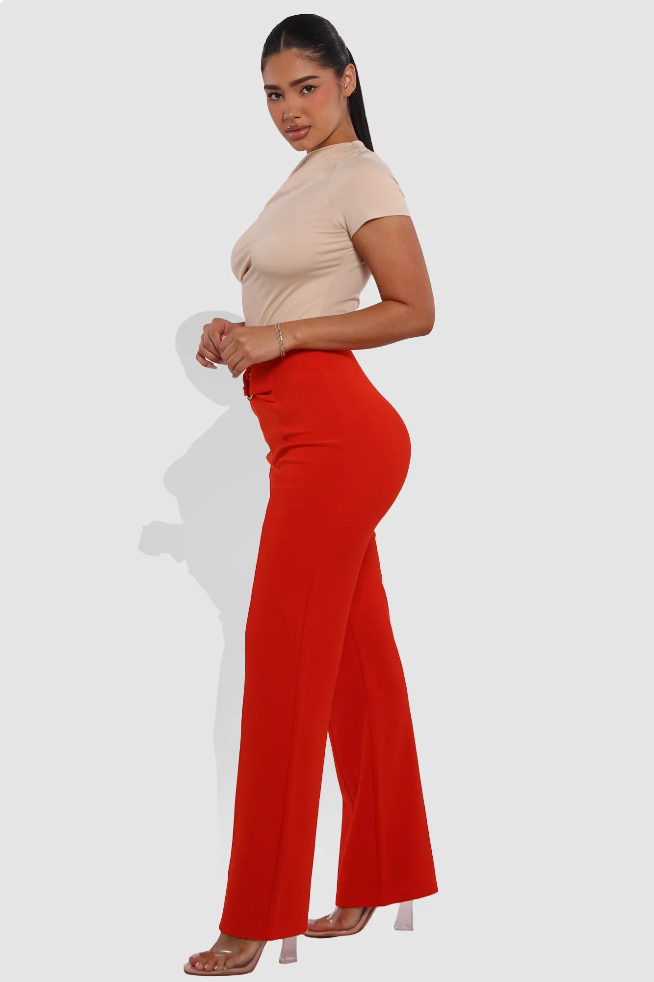 High Waist Straight Leg Pants With O-Ring Buckle Waist Detail - Vermilion