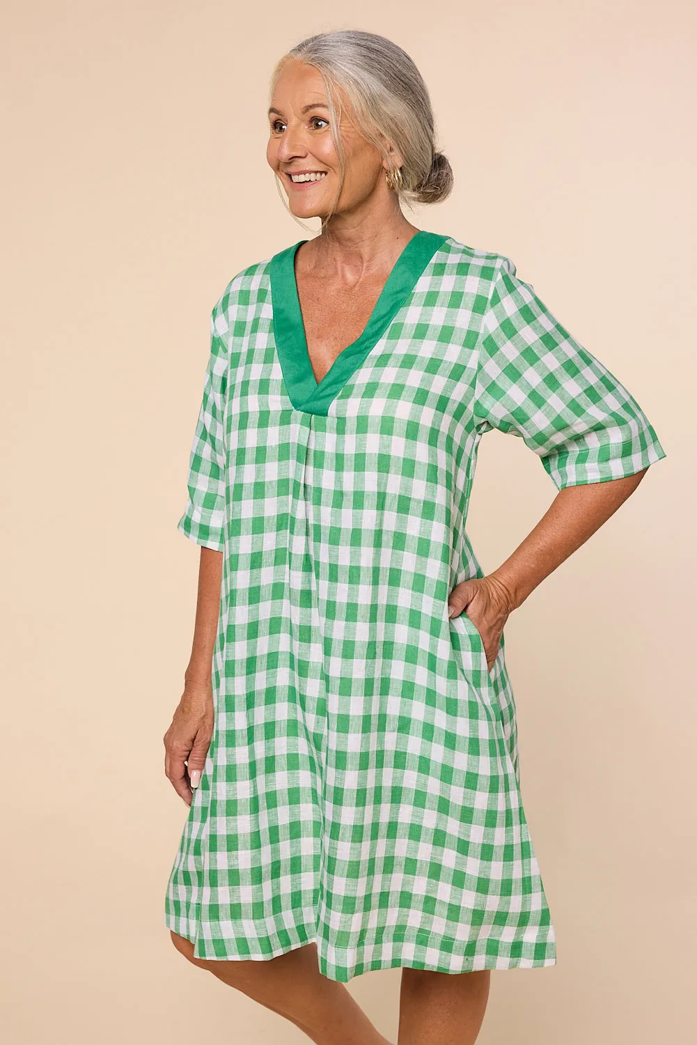 Kora A-Line Linen Dress in Treviso Green