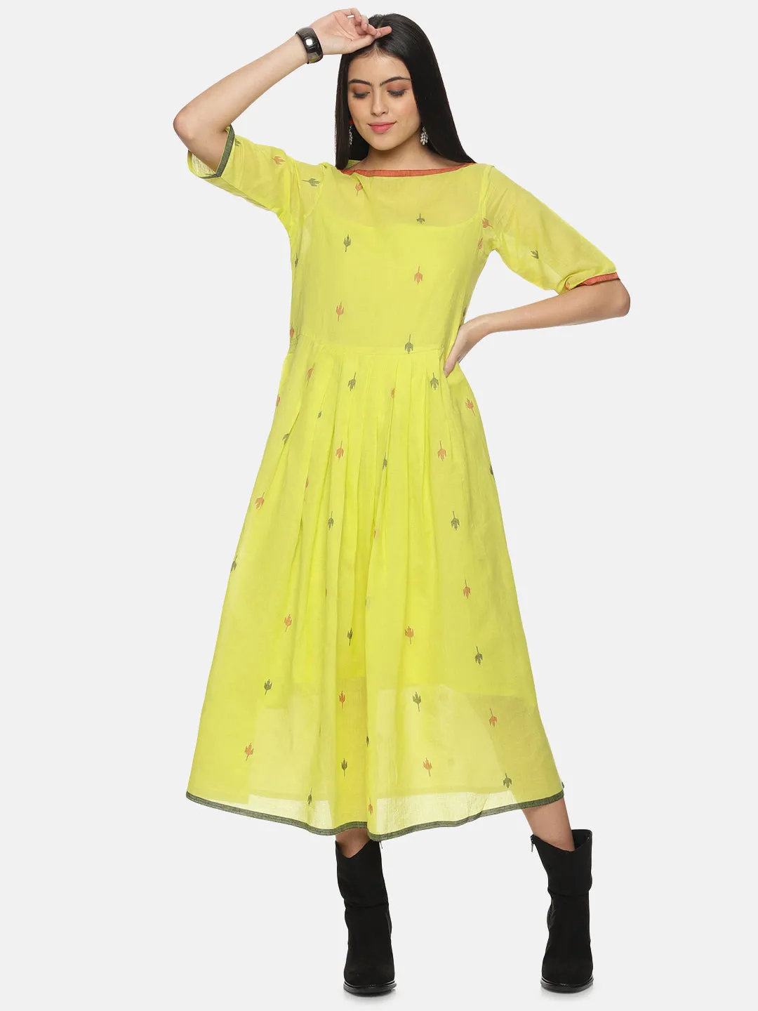 Lemon green ankle-length handloom Jamdani dress