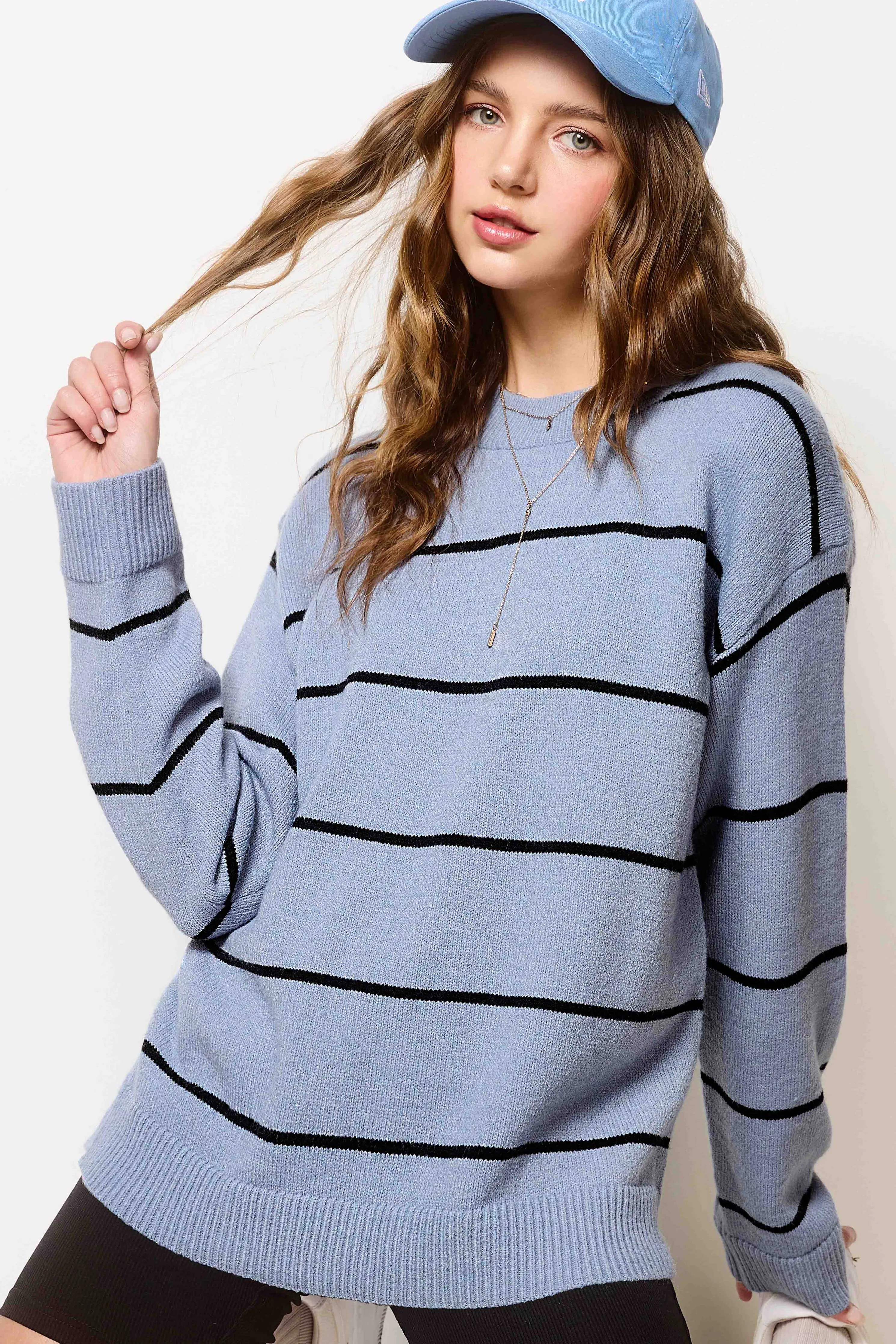 Loose Fit Stripe Long Sleeve Crewneck Sweater