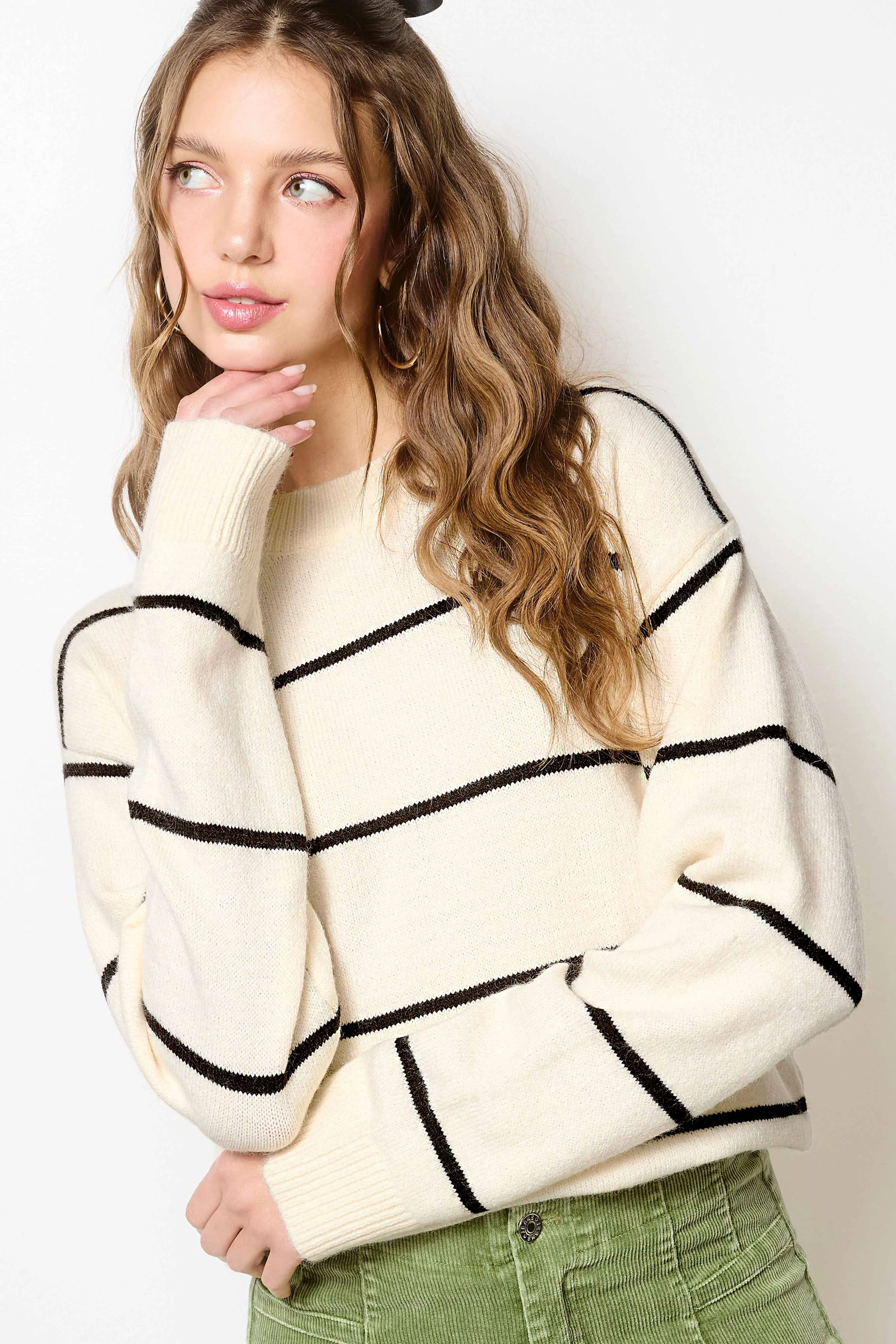 Loose Fit Stripe Long Sleeve Crewneck Sweater