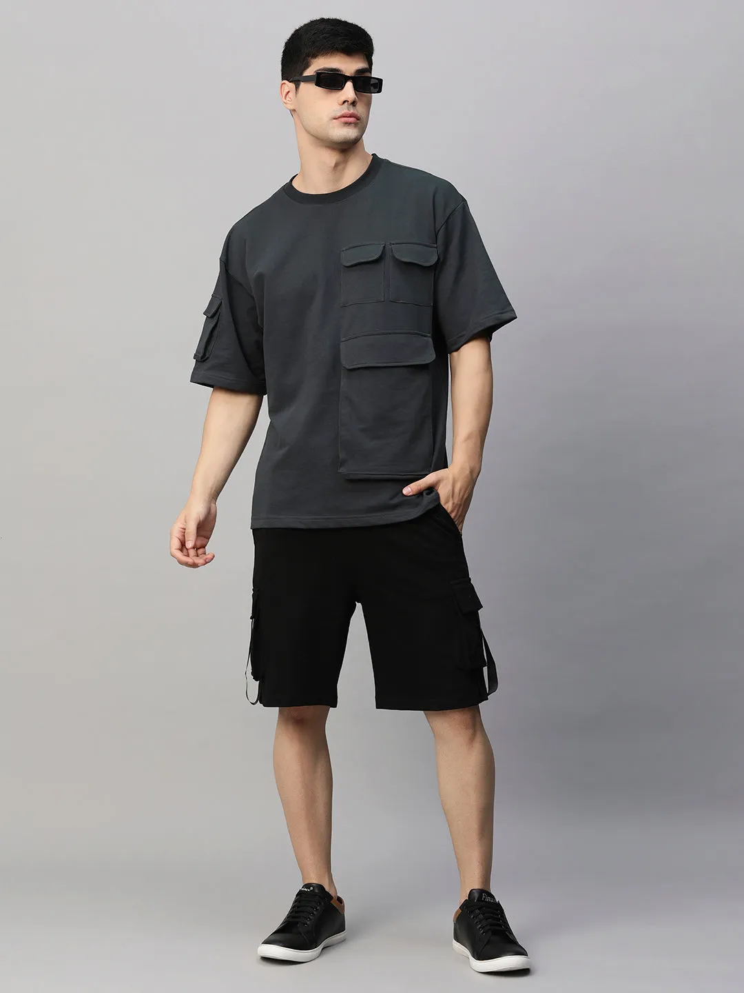 Men Premium Cargo Co-ord Set - Dark Grey & Black