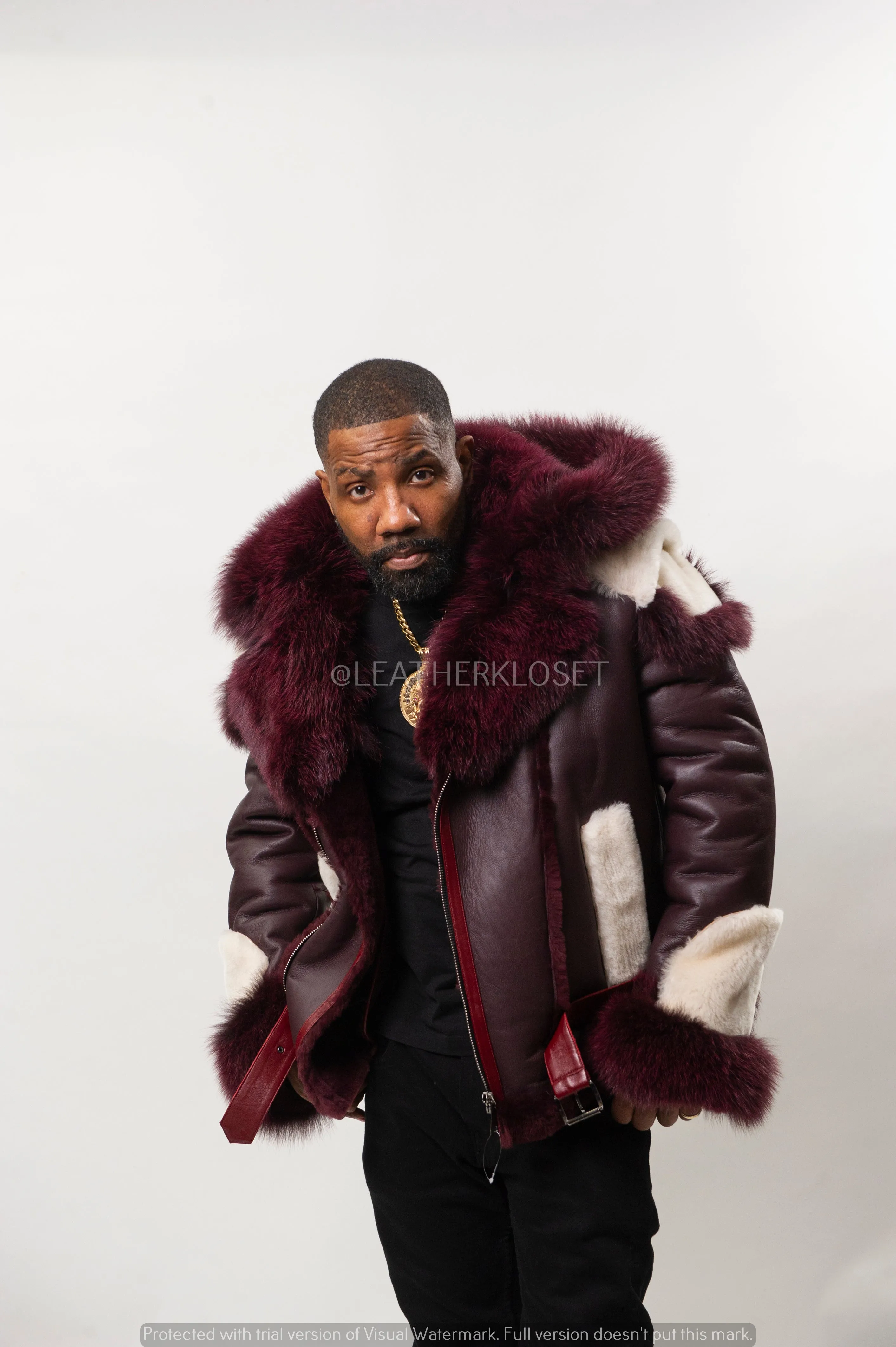 Men's Andre Shearling Biker With Fox [Wine]