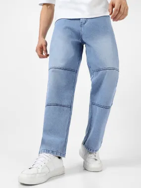 Men's Ice Blue Loose Baggy Fit Cut and Sew Panelled Jeans Non-Stretchable