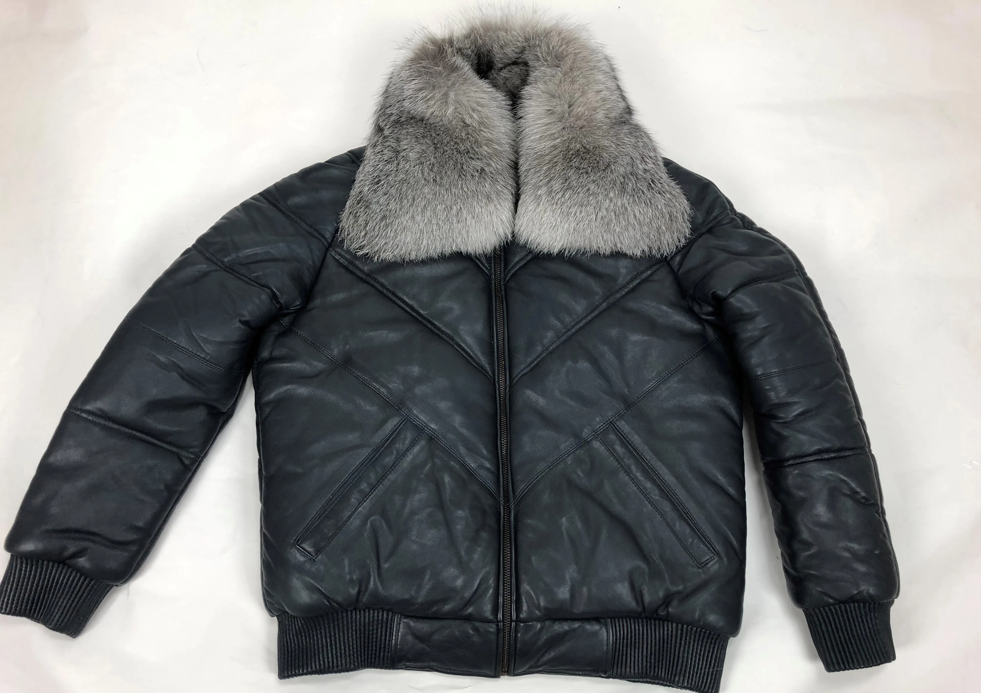 Men's V-Bomber Navy Premium Silver Fox Collar
